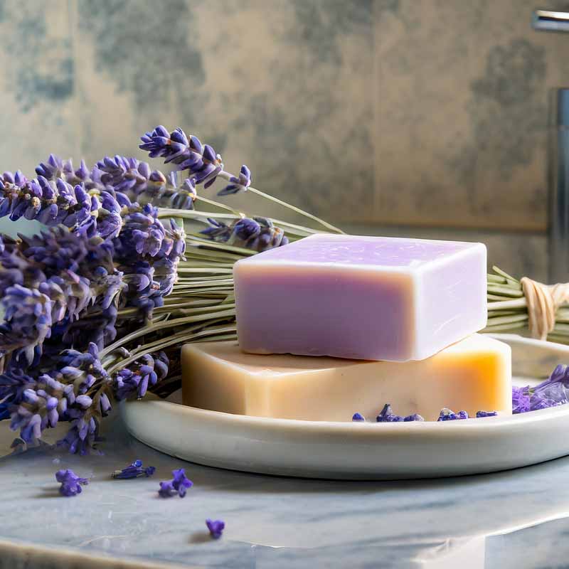 Michigan Soap Co-op bar soap on a plate with lavender flowers laying behind them.