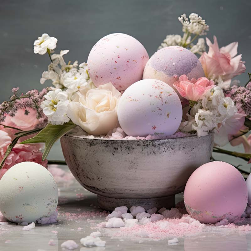 Luxurious Michigan made bath bombs shown with sea salt and flowers